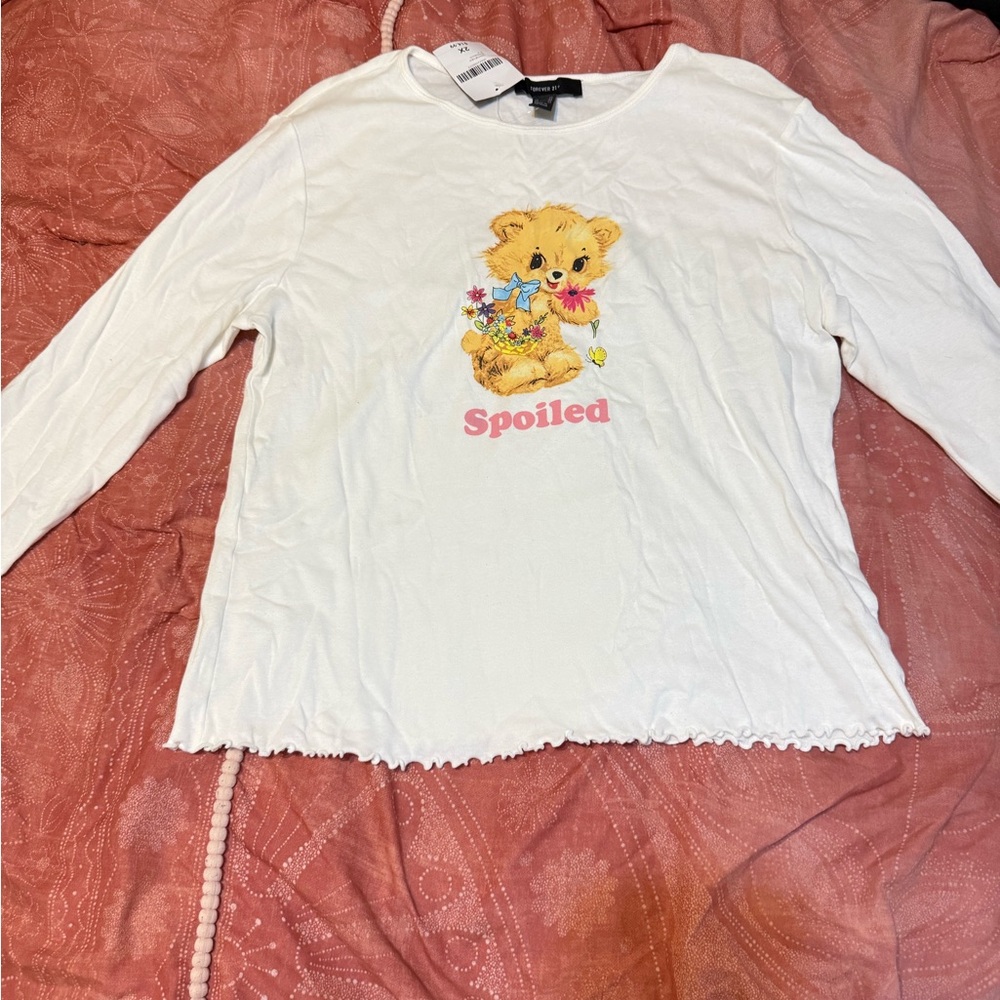 Forever 21 White Long Sleeve Tee with Bear Design